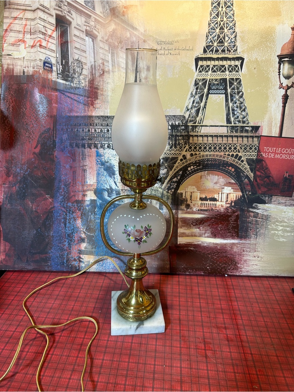 Vintage Lamp Hand Painted Brass and marble Mid Century